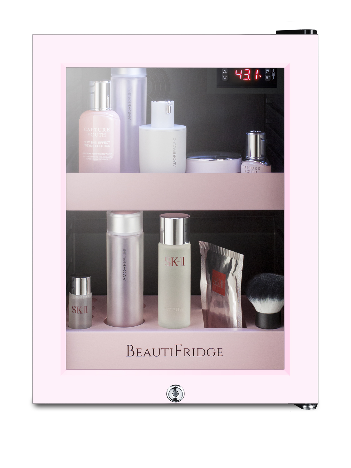 BeautiFridge compact cosmetics cooler with pink trimmed glass door, lock, matte blush pink shelves, and digital controls set for the storage of beauty products